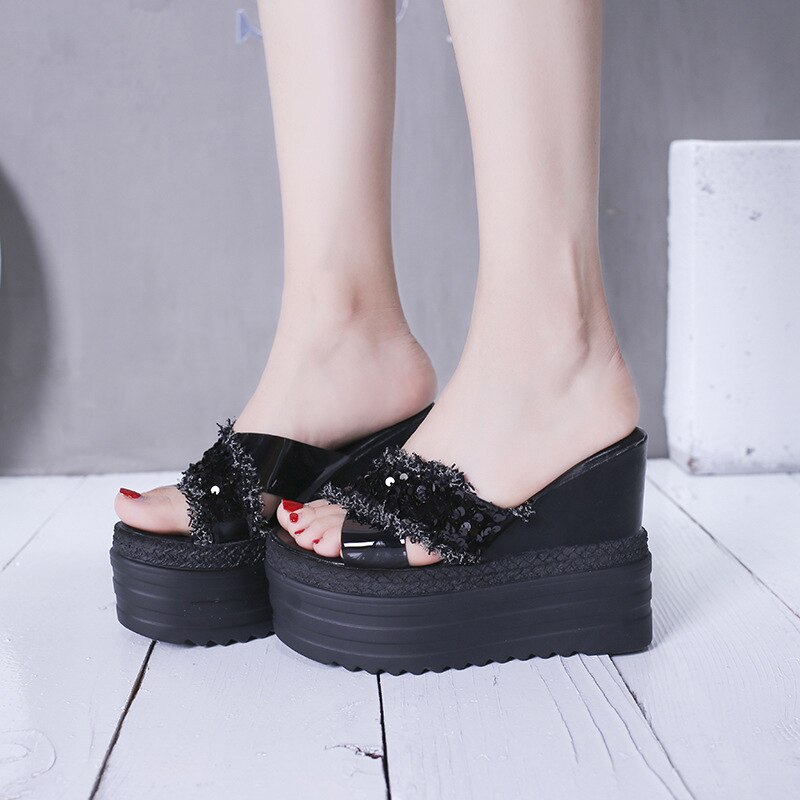 Vrouwen Chunky Slippers Mode Pailletten Platform Schoenen Zomer Pu Lederen Dames Slippers Schoenen Vrouw Zomer Strand Slipper