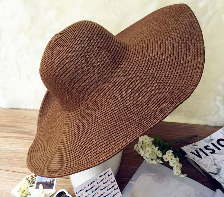 Seaside large brim hats summer straw hat foldable sun hat Summer Sun Hats For Women large Brimmed Straw Sun Hat Folding Beach Gi: Brown