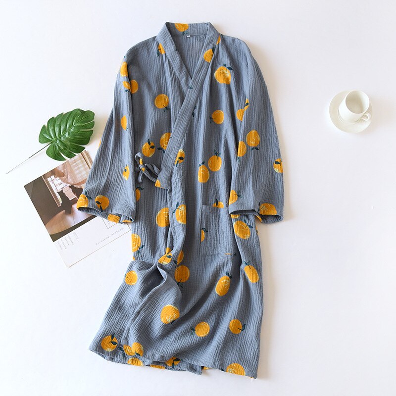 Spring Woven Crepe Nightgown Women&#39;s Thin Cotton Absorbent Shower Robe Japanese Cardigan Lace Bathrobe Long Kimono: dark blue orange / M bust 100 cm