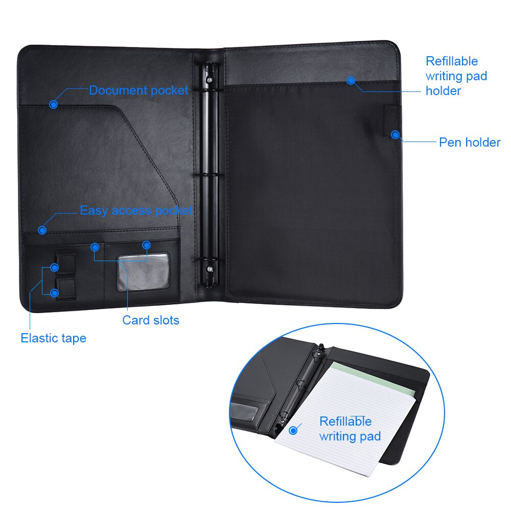Business Portfolio Padfolio Folder Document Case Organizer A4 PU Leather with Business Card Flash Disk Holder Memo