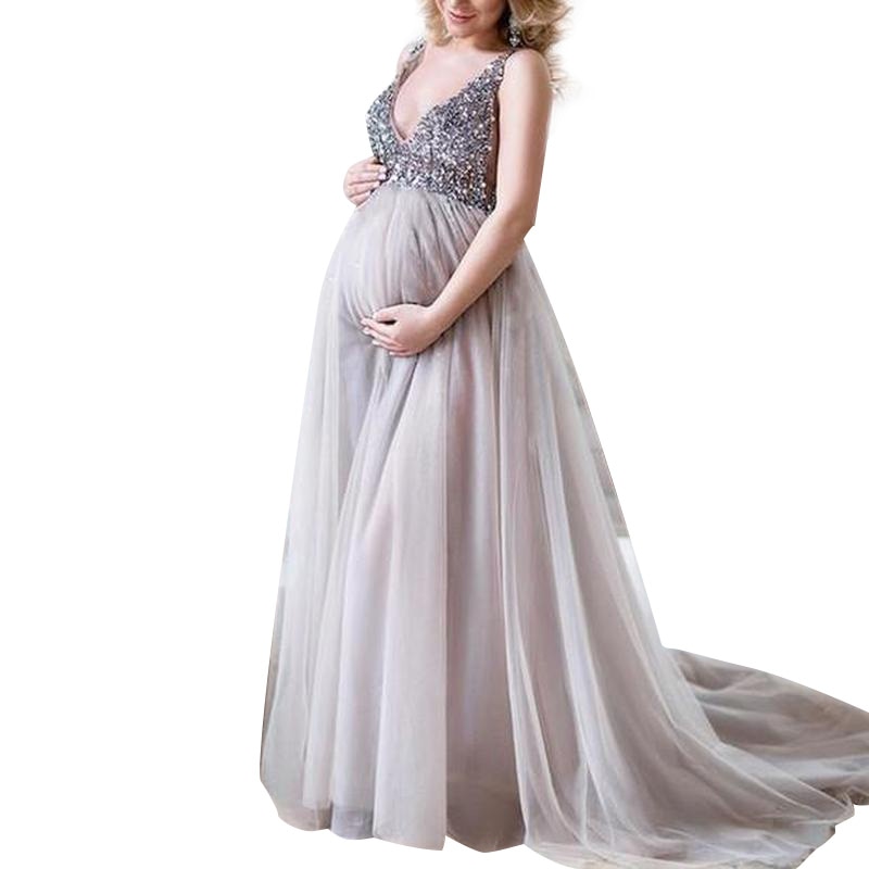 Barsel kjole paillet dekoration graviditetstøj ærmeløse gravide kvinder dame blonder fest formel aften kjole