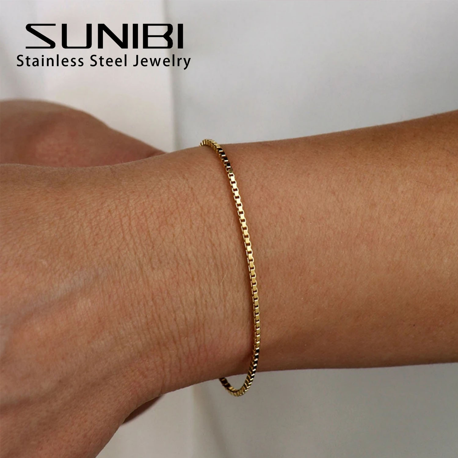 SUNIBI 2MM Einfache Kasten Kette Armbänder für Frauen Gold Farbe Edelstahl Klassische Armbinde Minimalismus Schmuck