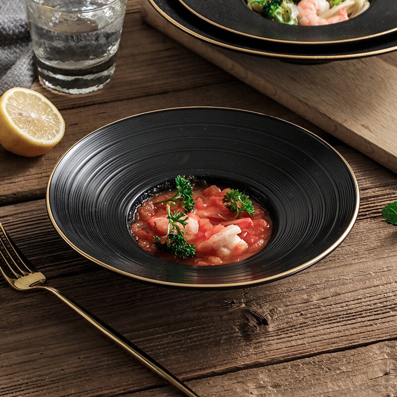 European breakfast Western plate simple black pasta plate household dish ceramic soup plate straw hat plate
