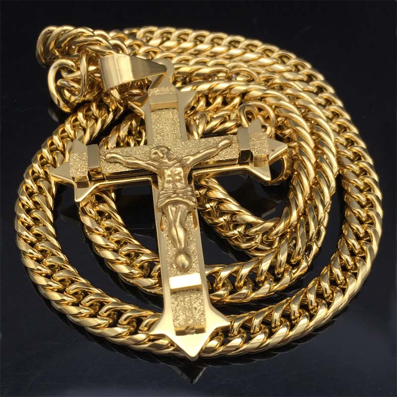 Guld tone kryds christus jesus vedhæng halskæde rustfrit stål link rolo kæde tunge mænd smykker 21.65 " 7mm: Guldfarve