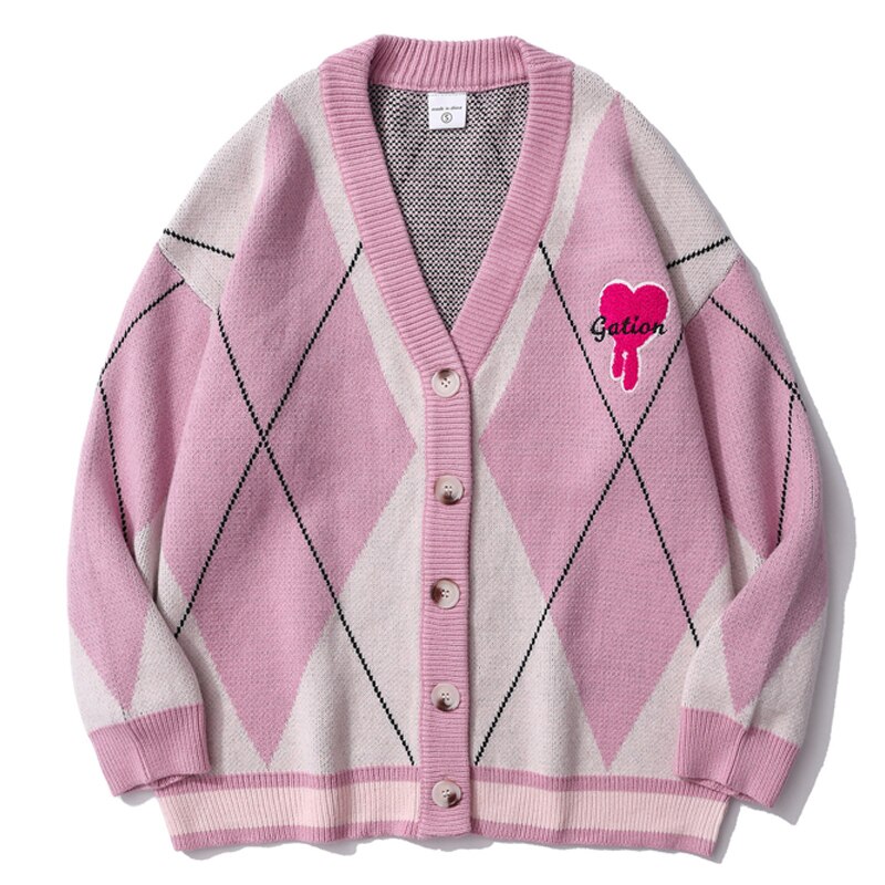 Cárdigan con bordado de letras peludas para hombre, suéter con corazón americano, Jacquard, a cuadros de diamantes, informal, cuello en V, abrigo de gran tamaño: Pink / S