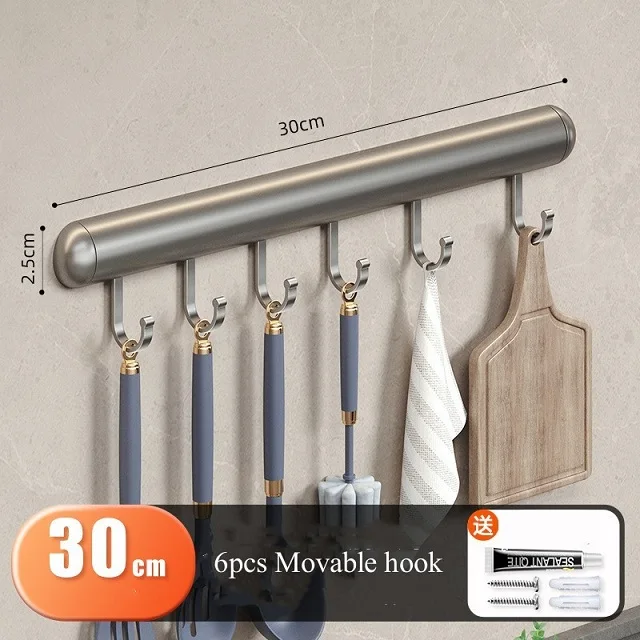 Kitchen Hook Holder Punch-Free Hanging Rod Wall-Mounted Storage Rack Spatula Spoon Hanger Removable Space Aluminum Hook Hangers: light green