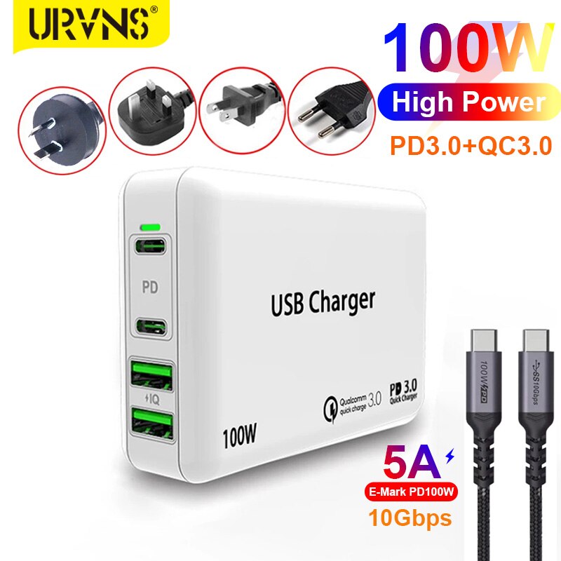 URVNS 100W USB-C Power Adapter, Multi Fast Charger QC 3.0 PD Type C USB Charger For Macbook Pro iPhone 12 Xiaomi Huawei Tablet