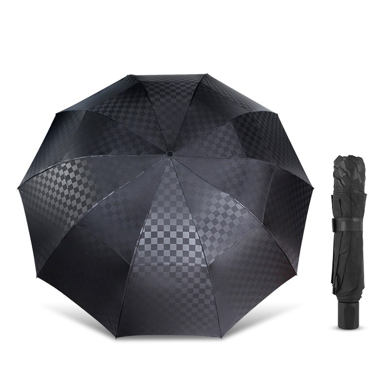 Dubbele Laag Winddicht Paraplu Regen Vrouwen Mannen 4 Vouwen 10K Zaken Paraplu Mannelijke Dark Grid Parasol Familie Reizen Paraguas: Black