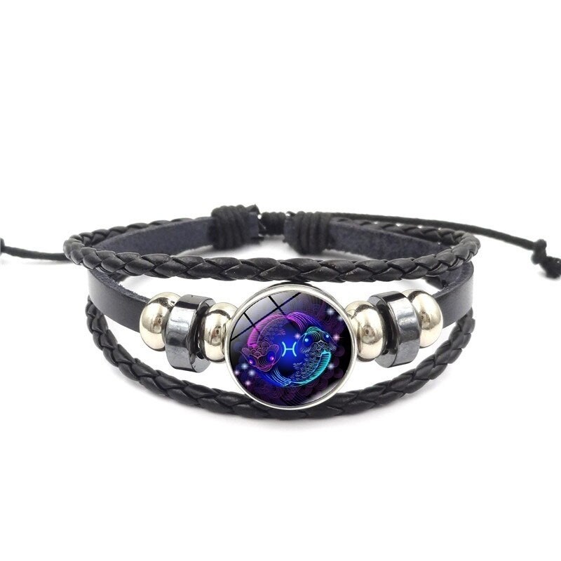 12 Constellation Zodiak Teken Blauw Glas Lederen Armband Ram Waterman Leeuw Maagd Geweven Glas Dome Sieraden Punk Mannen Armband: Pisces