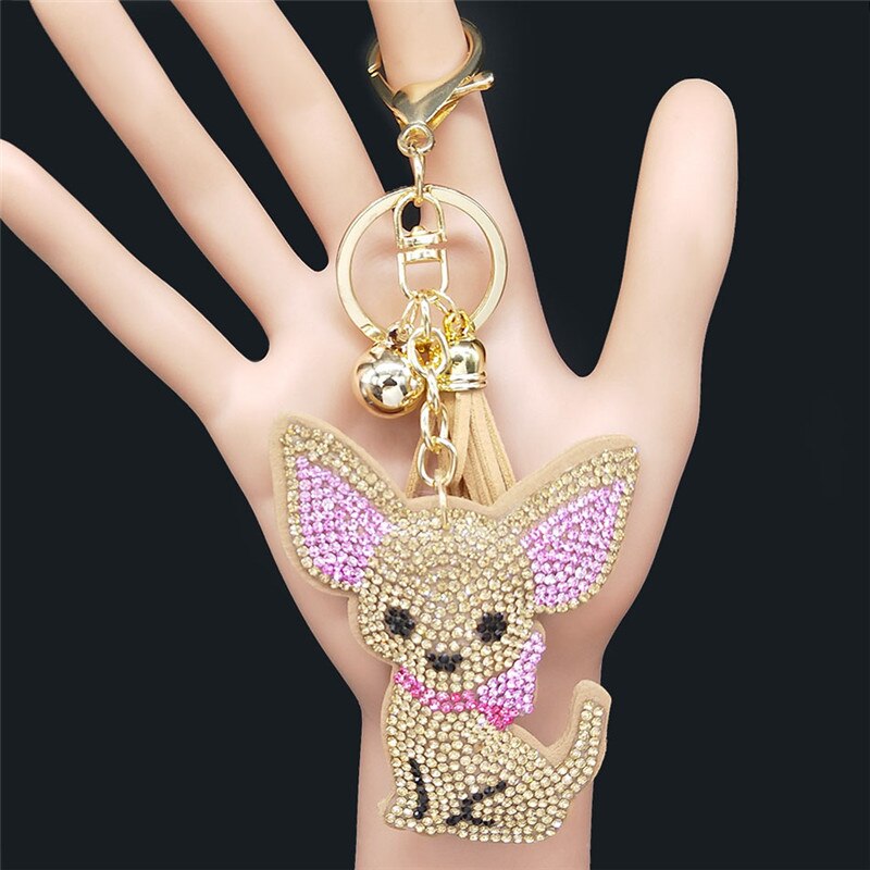 Chihuahua Dog Crystal Bag Accessories for Women Yellow Gold Color Keyring Jewelry llaveros para mujer K2502S01