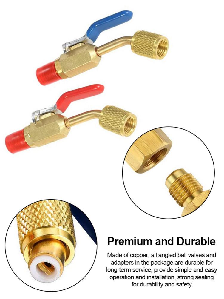 6 Pcs Air Conditioning Refrigerant Angled Compact Ball Valve 1/4 Inch For R410A R134A R12 R22 AC HVAC Charging Hoses Manifolds