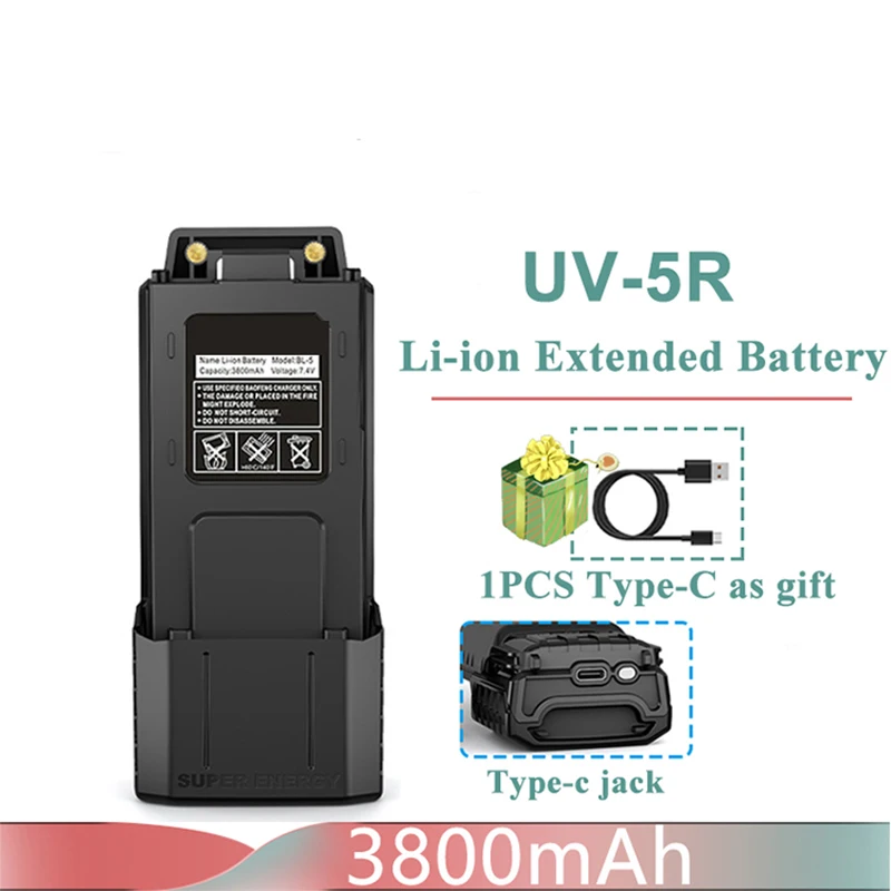 Baofeng UV 5R Battery Type-C Charger Thicker 3800mAh BL-5 For Walkie Talkie Radio UV-5RC UV-5RE BF-F8 BF-F8HP GT-5R BF-F9 UV-5X3: Pink