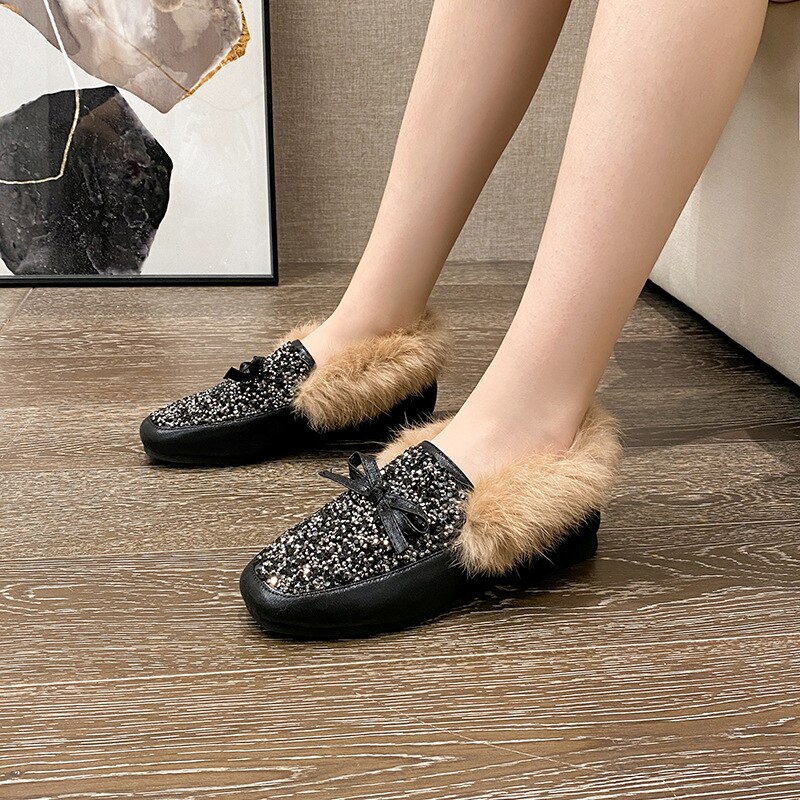 Mocasines de piel con nudo Lazo de cristal para mujer, zapatos informales con punta redonda, suaves, con diamantes de imitación y mariposas