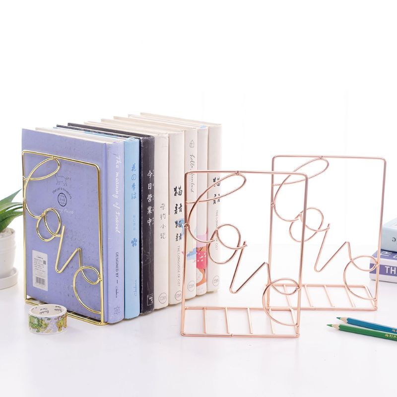 2Pcs/Pair Love Shaped Metal Bookends Desk Storage Holder Shelf Book Organizer Stand 19QA