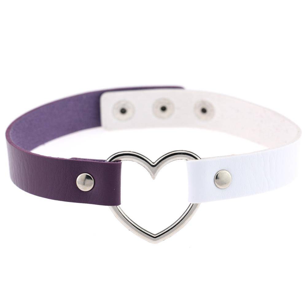 1PC Multi-Color Harajuku Punk Lady Gothic Leather Choker Heart Chain Spike Rivet Buckle Collar Necklace: white purple