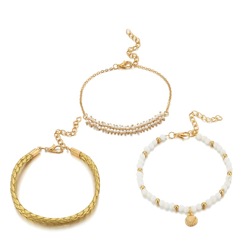 Tocona – 3 Bracelets de cheville en perles blanches pour femmes, en or, en coquillage, en corde, pieds nus, sandales, bijoux d&#39;été, 8408: Default Title