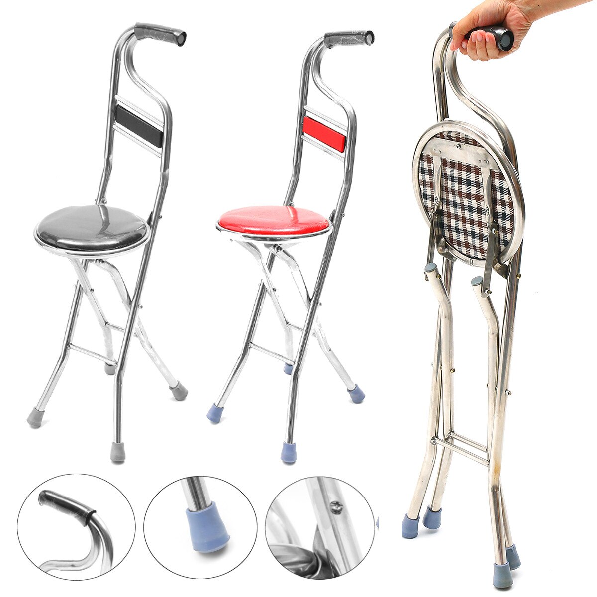 Bastón plegable 2 en 1 portátil, de acero inoxidable, ligero, con asiento, taburete, trípode, muleta portátil para caminar para personas mayores
