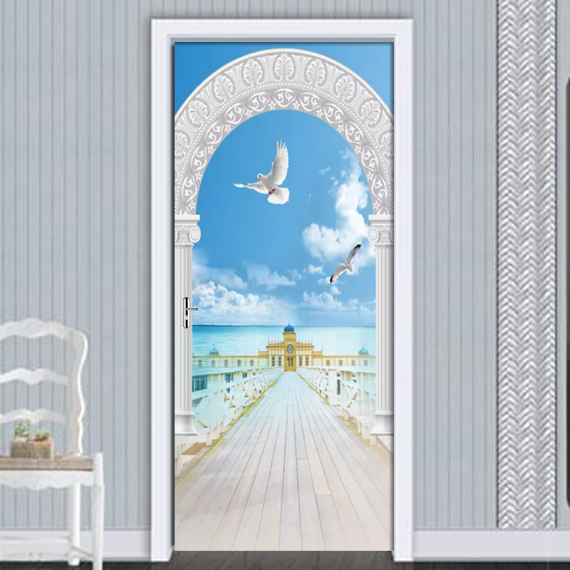3D Roman Column Seascape PVC Waterproof Self-Adhesive Door Sticker Wallpaper For Living Room Bedroom Door Decals Wall Sticker