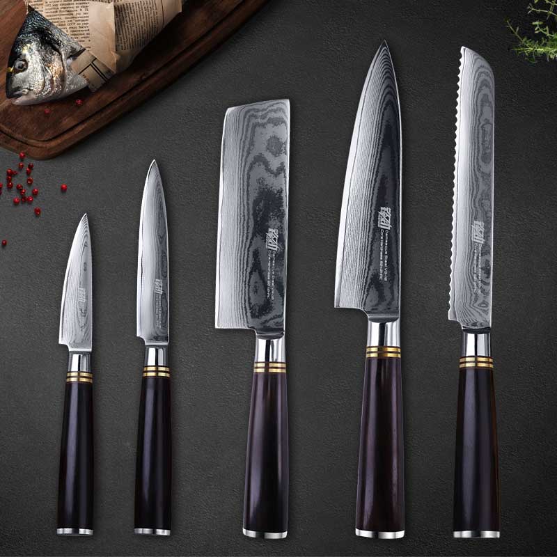 Kitchen 6pcs Damascus knives set Sharp Blade Chef damascus Knife Sets Santuko Bread Nakiri Utility knife cooking tools