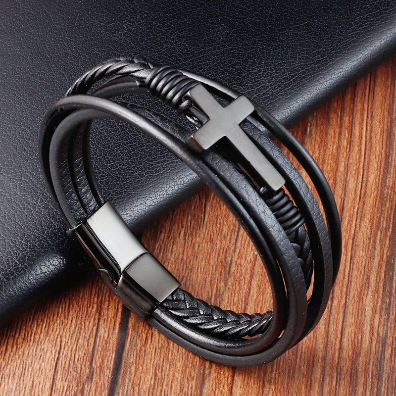 Pulsera de cuero de acero inoxidable para hombre, brazalete clásico con de Cruz Multicolor de lujo, para hombre: color 1 / 19 cm