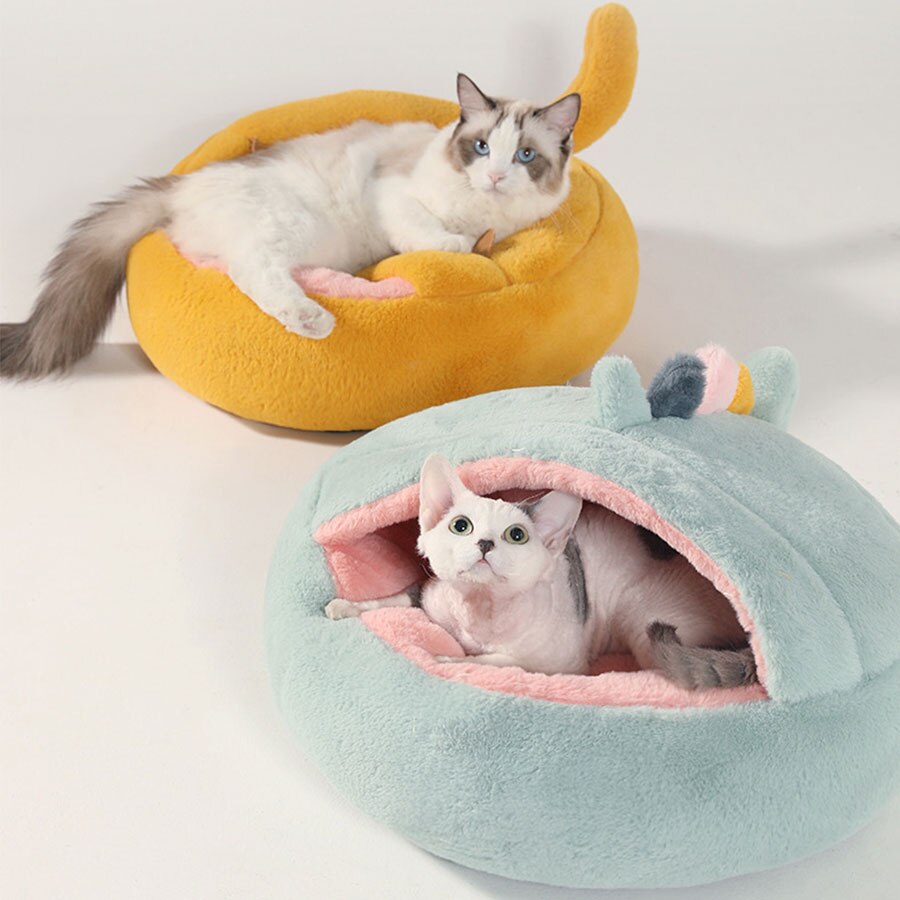 Kawaii Cat Bed Cartoon Sculpt Soft Comfort Cat Hous Warm Non Slip Removable Deep Sleep Pet Bed Interesting Cat Accessories