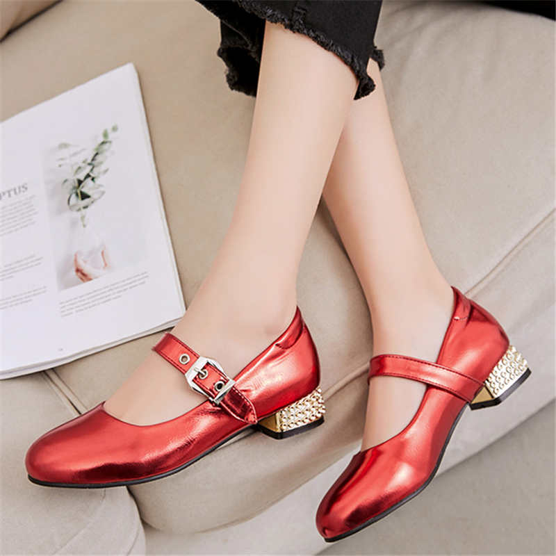 Odetina Vrouwen Mode Blok Chunky Hak Antislip Casual Schoenen Dames Vintage Gesp Ronde Neus Beknopte Mary janes Schoenen: Rood / 9