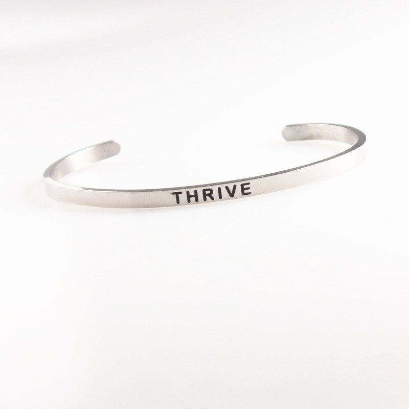 BE HERE NOW Stamped Stainless Steel Bangles Open Cuff Bracelets Women Men Mantra Bracelet Inspirational Jewelry No FADE: THRIVE