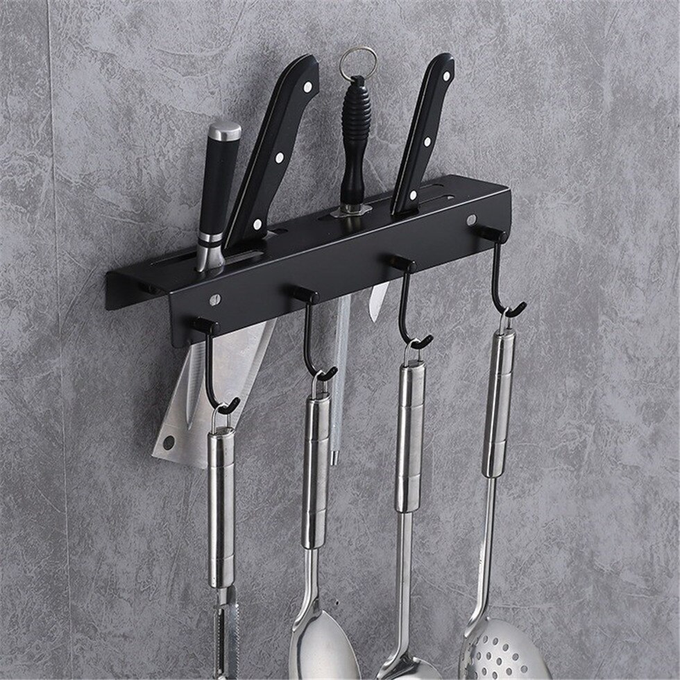 Black Knife Block with Hook Wall Mounted Knives Holder Pantry Rack for Storage 304 Stainless Steel Knife Shelf Utensils