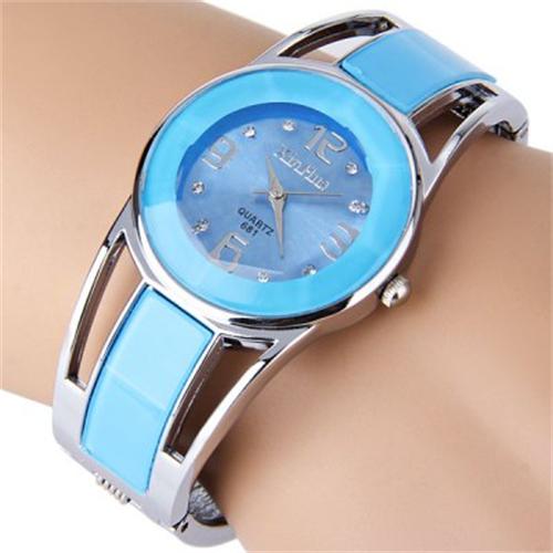 Women Bangle Watch Bracelet Quartz Watch with Rhinestone Round Dial Stainless Steel Band Wrist Watches with Box: 681blue
