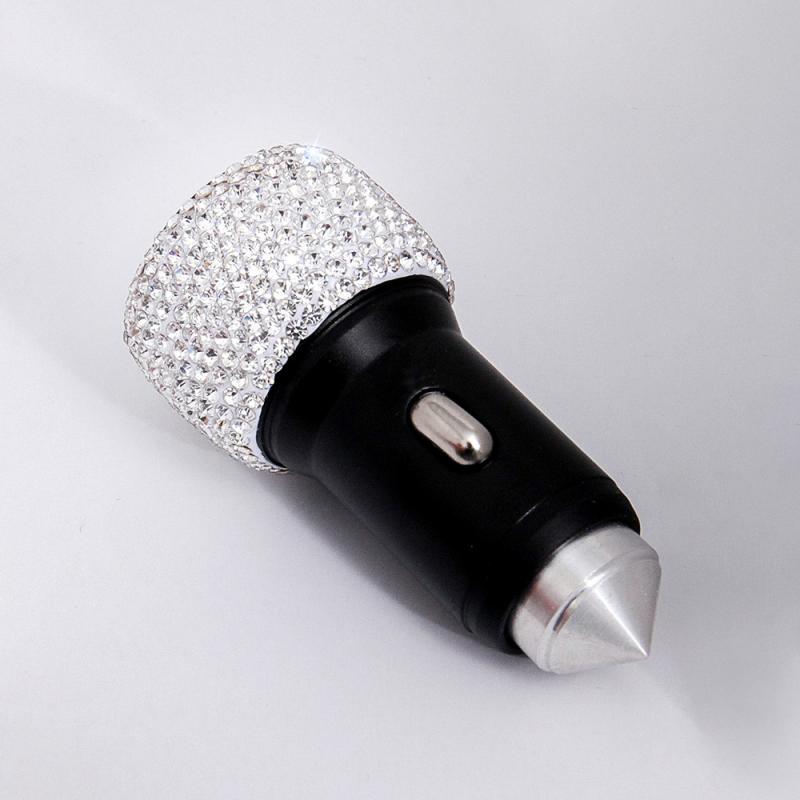 Cargador USB Dual para coche, accesorio para teléfono móvil, tableta, GPS, Cable de diamante de cristal, encendedor de cigarrillos, con Cable USB para teléfono: Silver Lighter
