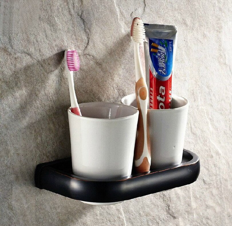 Black Oil Rubbed Bronze Bathroom Accessory Wall Mounted Toothbrush Holder with Two Ceramic Cups Wba197: Default Title