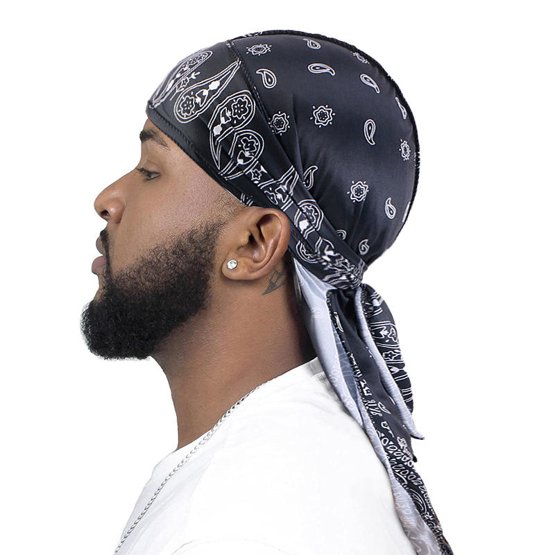 Men's Silky Durags African Print Headwrap for Women Long Tail Pirate Hat Biker Hear Wear Bandanas Turban Hair Accessories: black