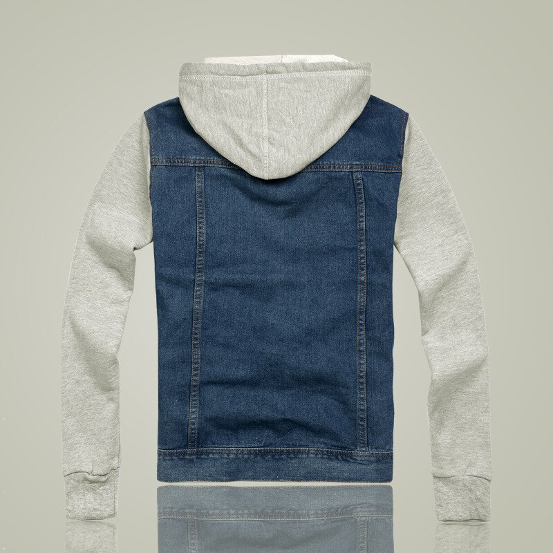 Höst herrjacka jeansjacka med huva jeans sweatshirt ärm jeansjacka!