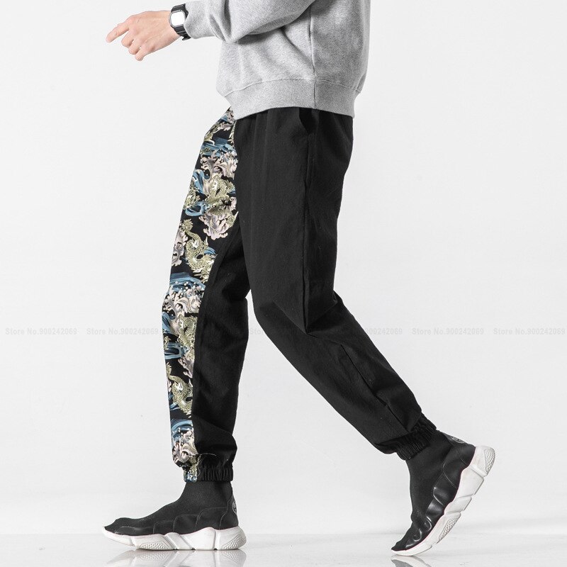 Mannen Linnen Harembroek Japanse Harajuku Stijl Casual Broek Patchwork Bloeiers Chinese Mode Print Bodems Jogger Broek