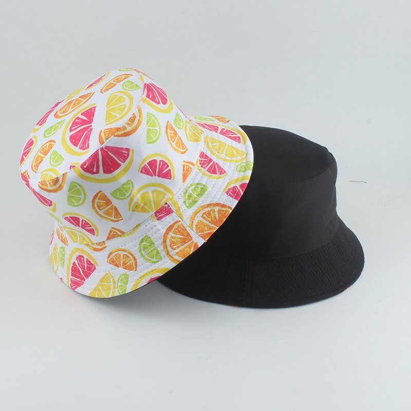Summer Panama Hat For Women Fruit Mango Banana Pineapple Print Bucket Hat Men Reversible Fishing Fisherman Hats Hip Hop Caps: orange lemon