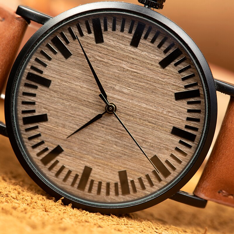 BOBO BIRD WE25 Mens Watch with Metal Case Wooden Dial Face Soft Leather Band Quartz Watches for Men Women