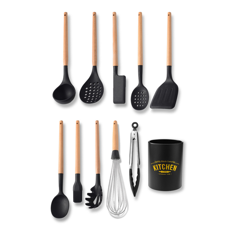 Non-stick Cooking Tools Set Silicone Kitchen Utensils Kit Kitchenware Colander Spatula Scraper Baking Gadgets: 11PCS BLACK