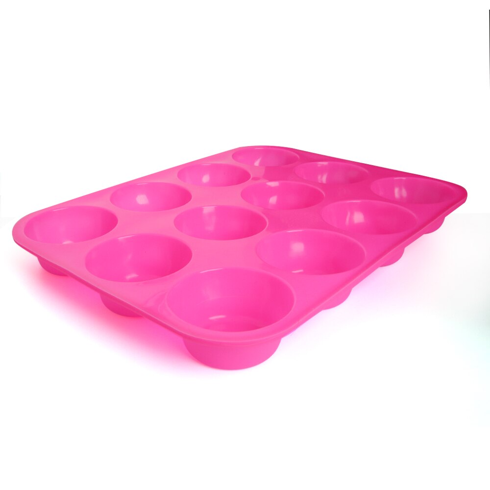 12 huller muffin silikone form gør-det-selv rund cupcake form cookies fondant bradepande non-stick budding dampet kage form bageværktøj: Mørk lyserød