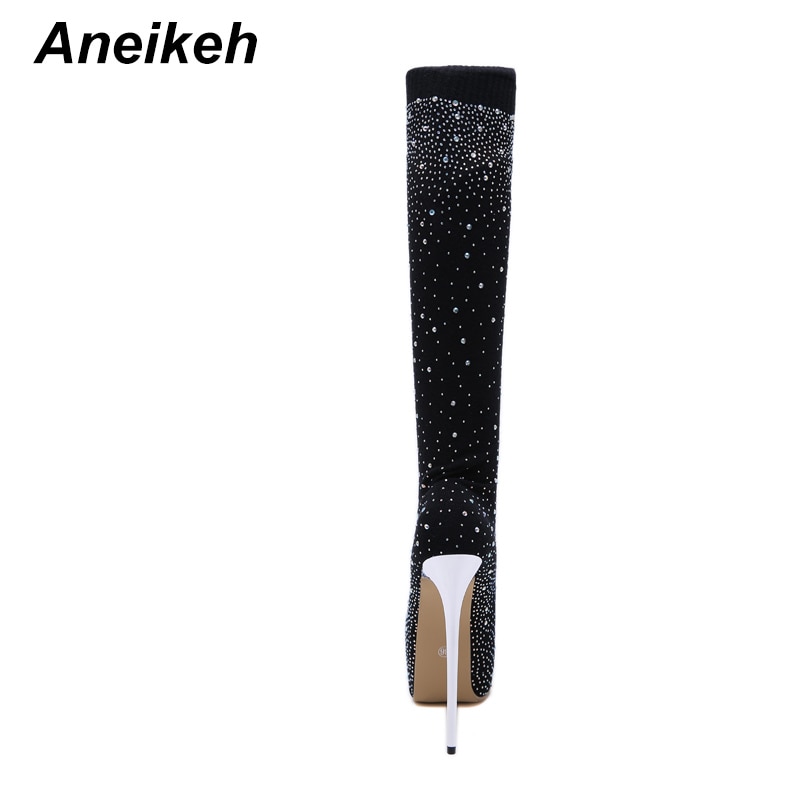 Aneikeh pasarela cristal calcetín de tejido elástico plataformas botas puntiagudas sobre la rodilla 16CM talón muslo alto club nocturno
