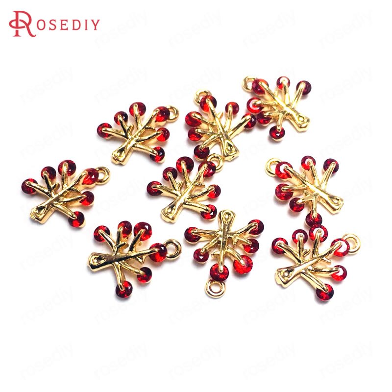 (38606)10Stck 11x13MM 24K Champagner Gold Farbe Durcheinander und Zirkon Baum Reize Anhänger Schmuck machen Zubehör: rot