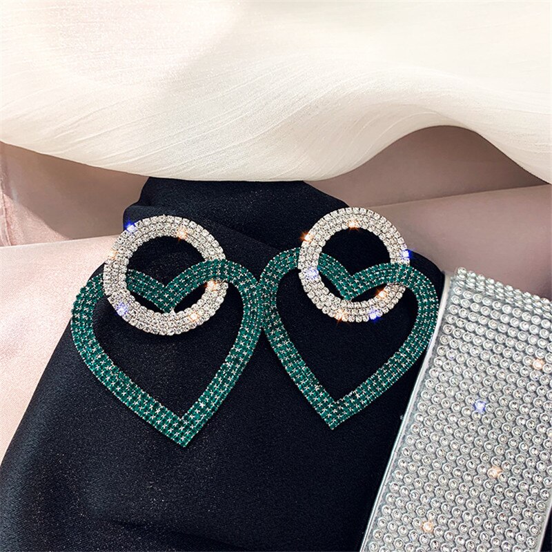 FYUAN verde rosa pendientes de cristal en forma de corazón para las mujeres de gran círculo de diamantes de imitación, pendientes de declaración, pendientes de