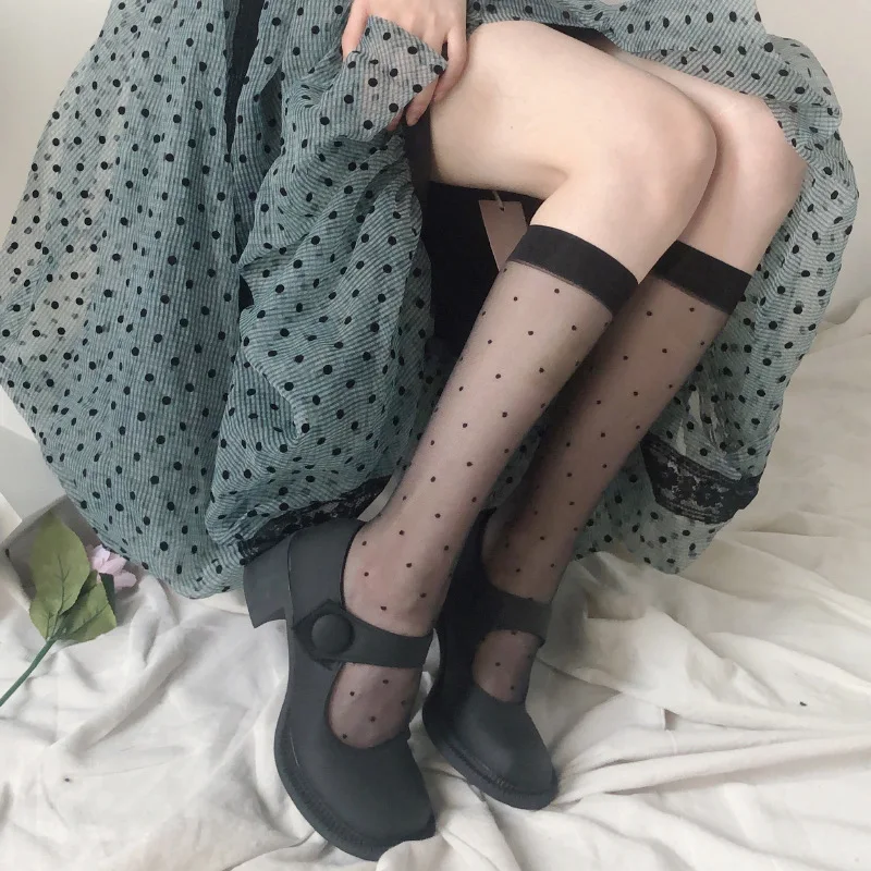 Medias sexis con estampado de lunares para mujer, calcetines hasta la rodilla, rejilla elástica de nailon suave, calcetines de pierna larga a la para niñas, color negro: Beige