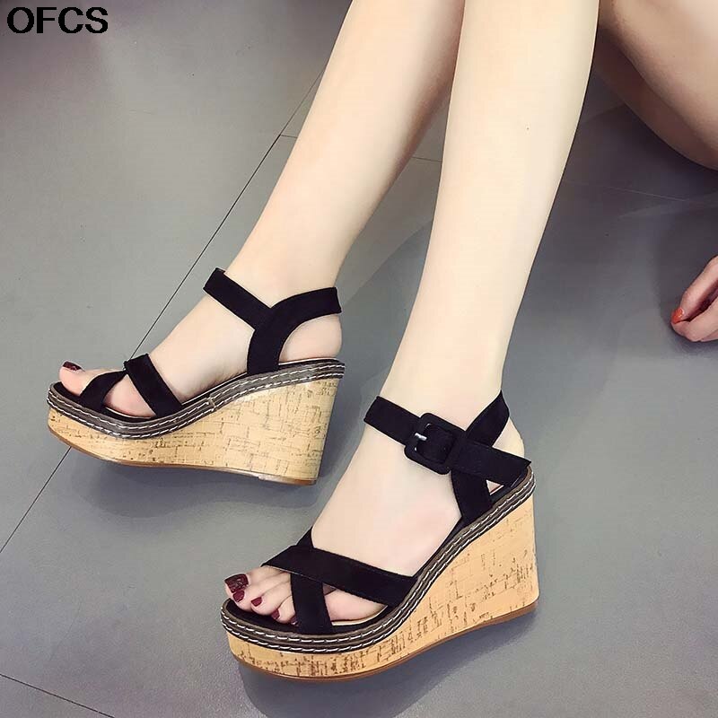 Zomer Vrouwen Sandalen Gesp Kudde Vis Mond Wedge Sandalen Hoge Hak Platform Open Tenen Vrouwen Sandalen Wig Vrouwen Schoenen 35-40: Black / 5