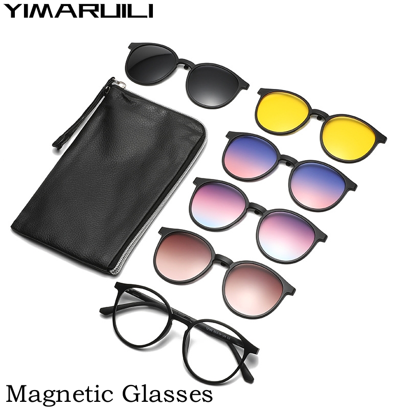 YIMARUILI Ultra-light 1+5 Magnetic Clip TR90 Round Retro Square Optical Prescription Eyeglasses Frame For Men and Women