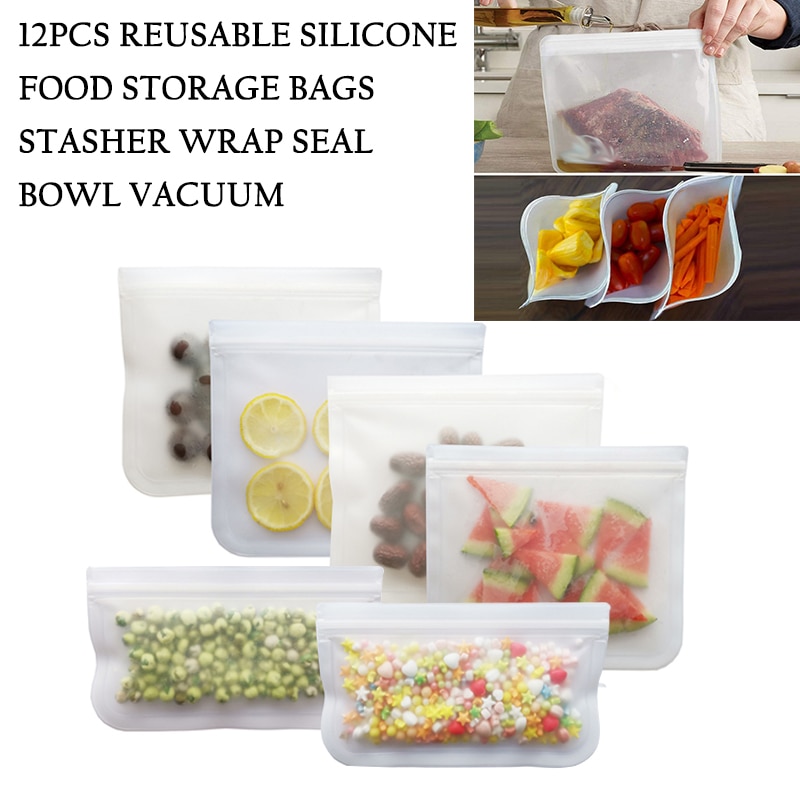 12Pcs Reusable Silicone Food Storage Bags Stasher Wrap Seal Bowl Vacuum Containers Leakproof Up Zip Shut Bag Cup Fresh Bag