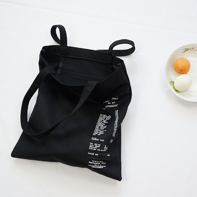 Women Canvas Tote Bag Cotton Cloth Letter Print Shopping Bags Foldable Female Handbag Reusable Eco Beach Shopper Bag Canta Bayan: black