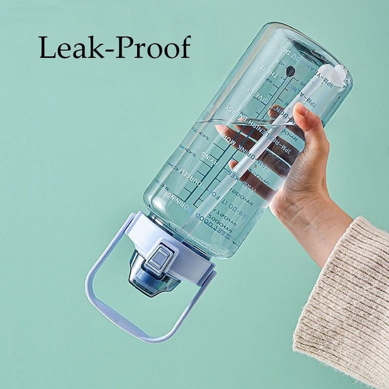 2L Grote Capaciteit Waterfles Met Tijd Marker Portable Bpa Gratis Stro Cup Lekvrij Drinken Fles Outdoor Sport Fitness Jug