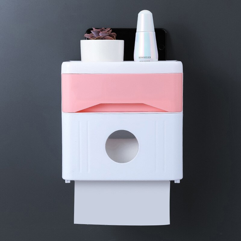Wall Mounted Tissue Box Double-layer Push-opening Toilet Paper Holder With Drawer Mobile Phone Rack Home Improvement: Burgundy