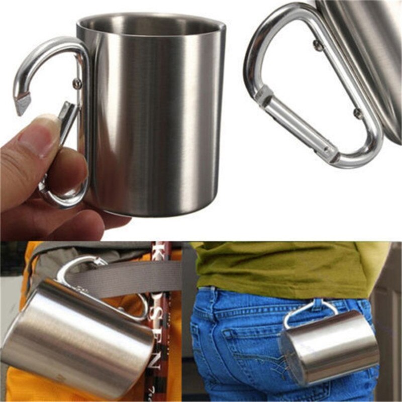 330Ml Camping Reizen Cup Met Lepel Double Wall Mok Karabijnhaak Handvat Cup Cooking Supplies Rvs Cup Servies