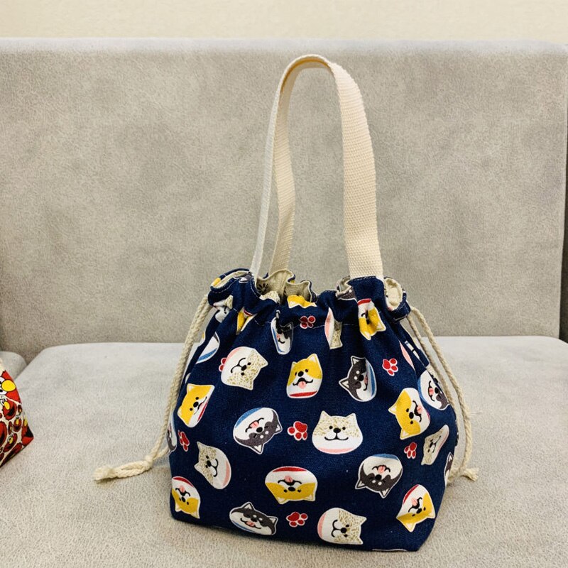Japanse lunchbox tas cartoon schattige bedrukte canvas stof trekkoord werkende lunchtas: Hg006